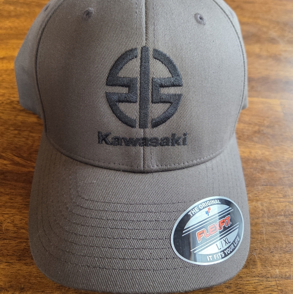 Kawasaki Grey Flexfit Hat L-XL New Kawasaki Logo